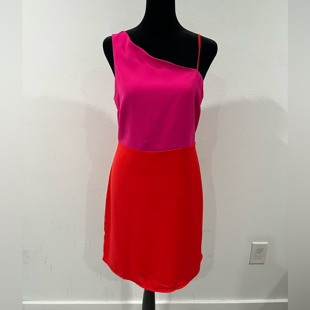 NWT Sugar + Lips Love Again One Shoulder Dress Pink Red Colorblock M